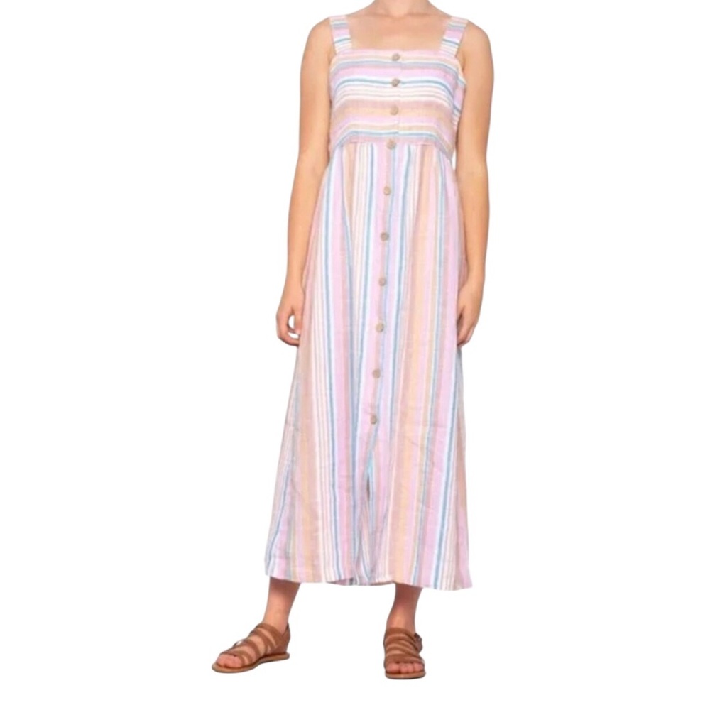 C&C California Linen Striped Multicolor Button Front Maxi Dress